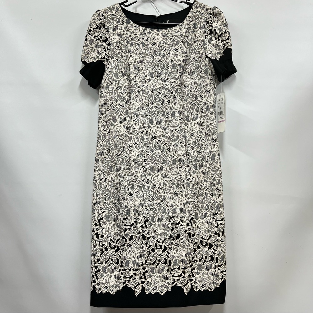 Vintage Leslie Fay size 6 Elegant Black white Lace Dress nwt FLAWED